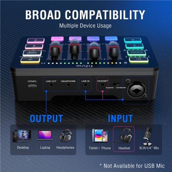 Gaming Audio Mixer, Streaming RGB PC Mixer with XLR Microphone Interface - Picture 4 of 7